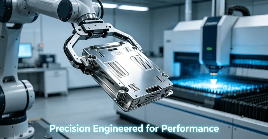 A robotic arm handles a complex, anodized aluminum sheet metal part in a
modern, automated manufacturing facility, representing high-precision fabrication.